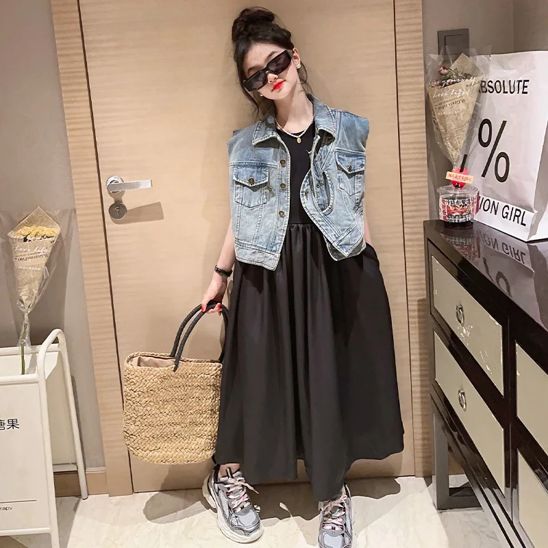 Summer Autumn Girls Denim Vest Jacket with Long Tank Dress piece