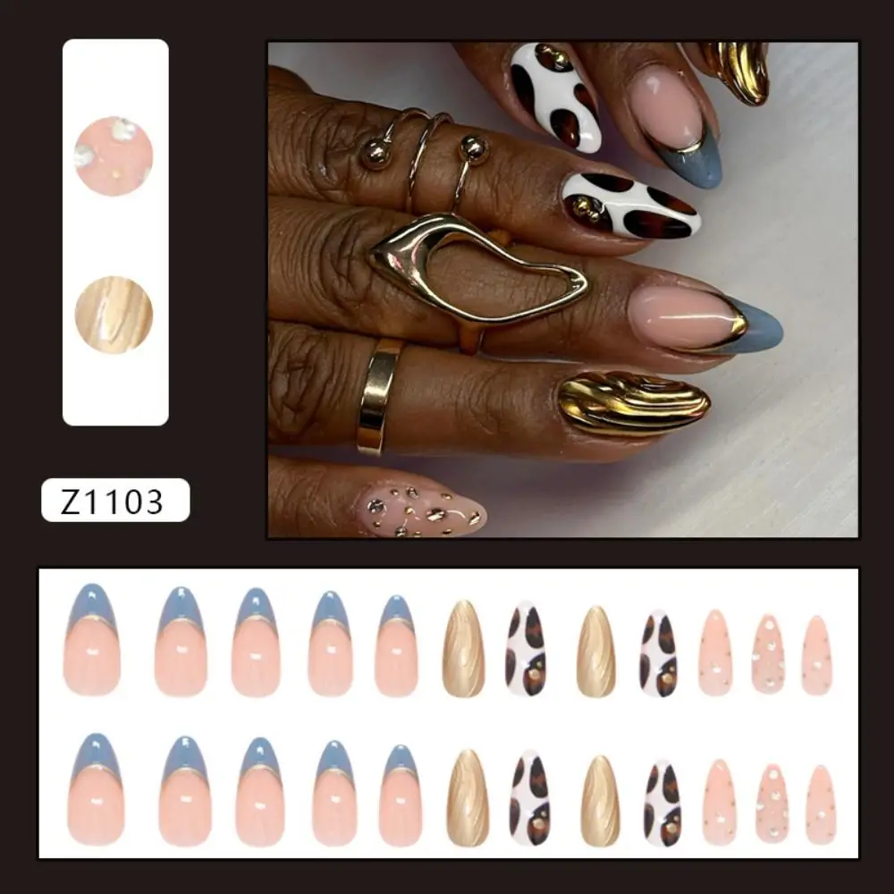 24pcs Manicure Long Almond False Nails French Flowers Starfish Fake Nials Detachable Misty Blue Retro Nail Tips DIY