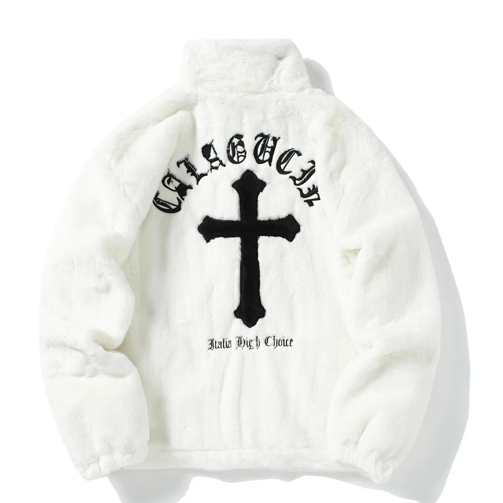 Fleece Jacket Hip Hop Cross Letters Winter Casual Streetwear Zip Up Outerwear Hooded Sweatshirt