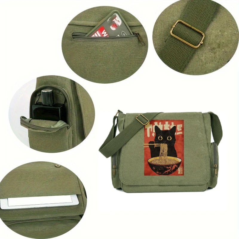 Japanese Women's Bag Canvas Cat Savoring Noodles Print Shoulder Bag Large Capacity Crossbody Bag For Women Messenger Bag