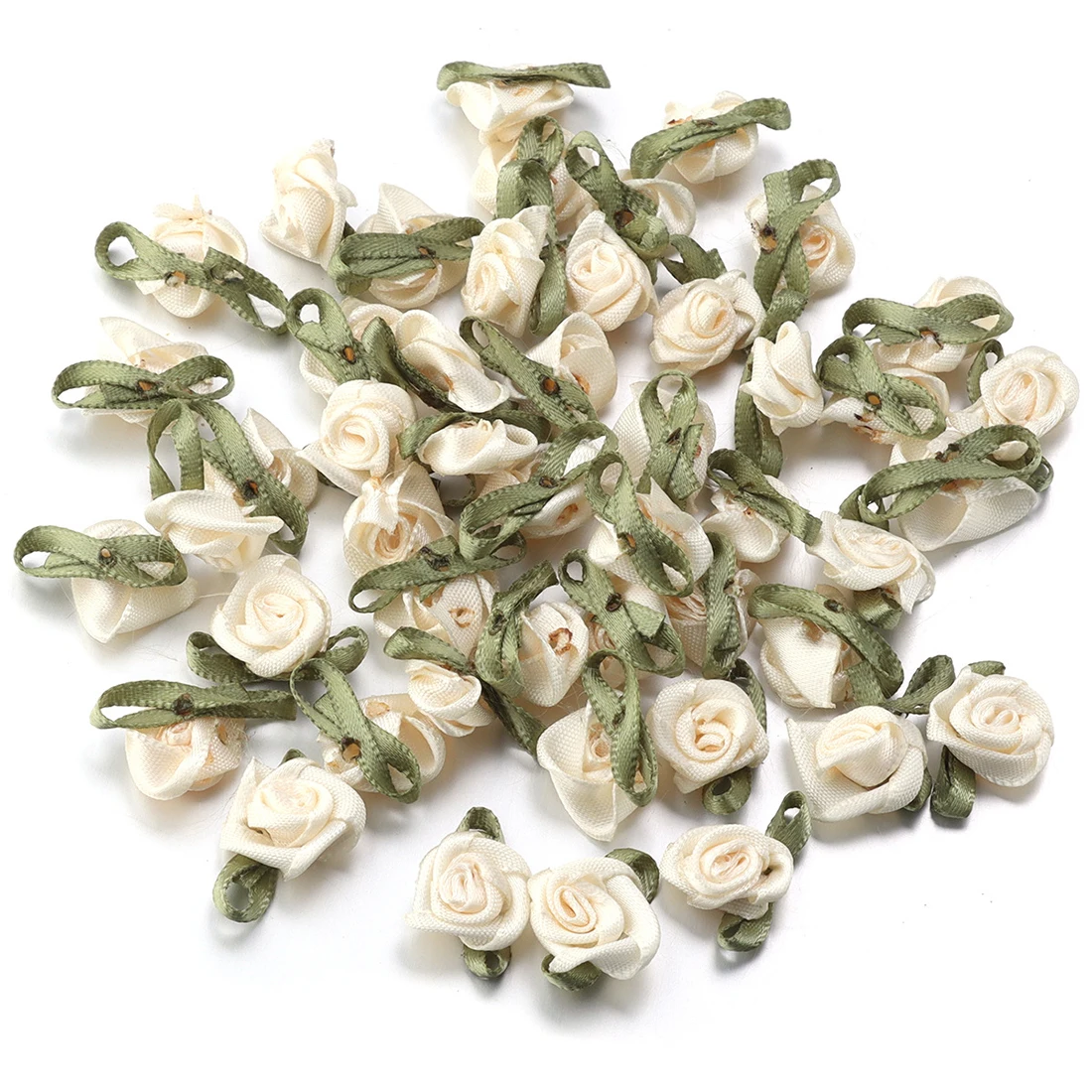 Satin Ribbon Rose Flowers Bud 50pcs 1.5x2.5cm Polyester With Green Leaves for DIY Headwear Hair Garment Wedding Decor