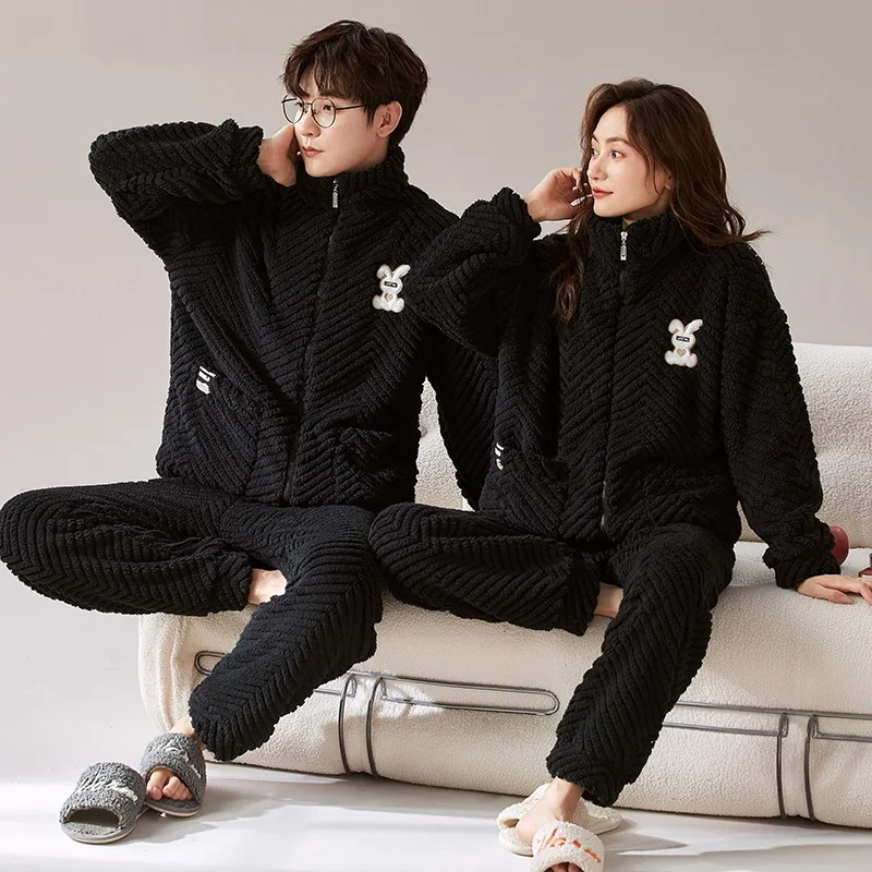 Zipper Flannel Sleepwear Winter Men and Women Matching Homewear Sporty Fashion Pajamas Set for Couples Youth Girl Boy Nightwear