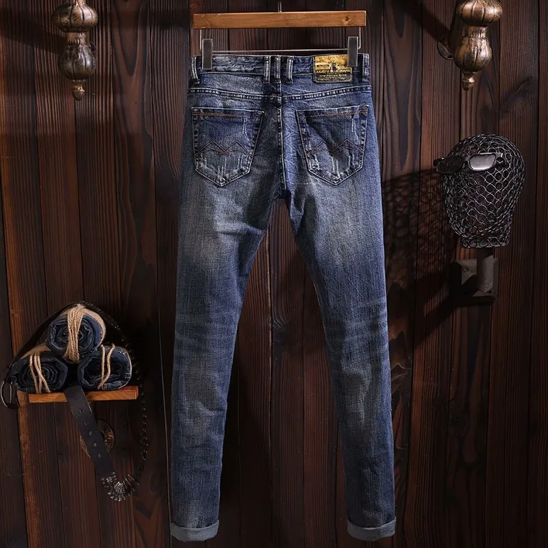 Italian Style Fashion Men Jeans High Quality Retro Blue Slim Fit Ripped Jeans Men Trousers Vintage Designer Denim Pants Hombre