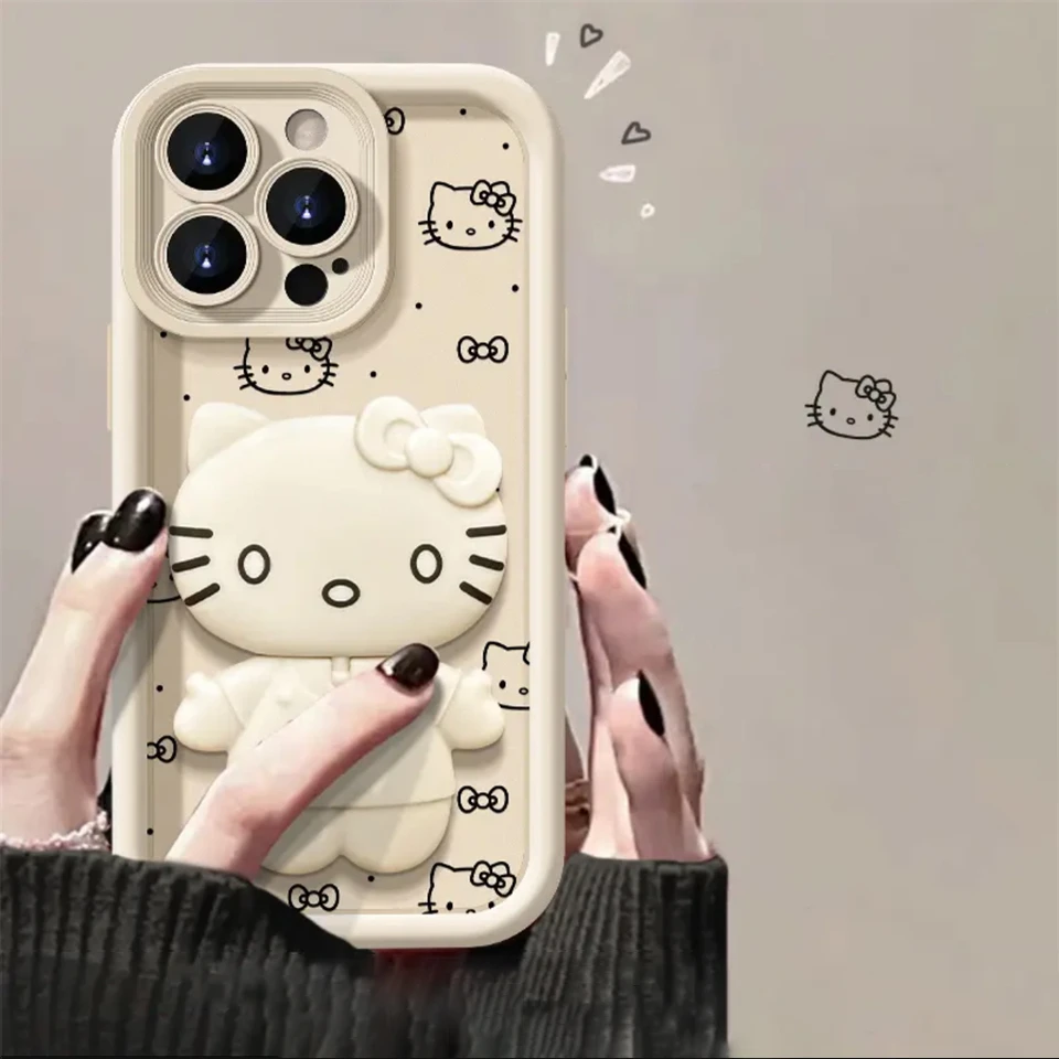 thumbnail image 1 of Sanrio-Funda de gel de sílice líquido Hello Kitty para iPhone, 15, 14, 13, 11, 12 Pro Max, XS, XR, 7, 8 Plus, con espejo cosmético, cubierta de dibujos animados, Y2K, 1 of 5
