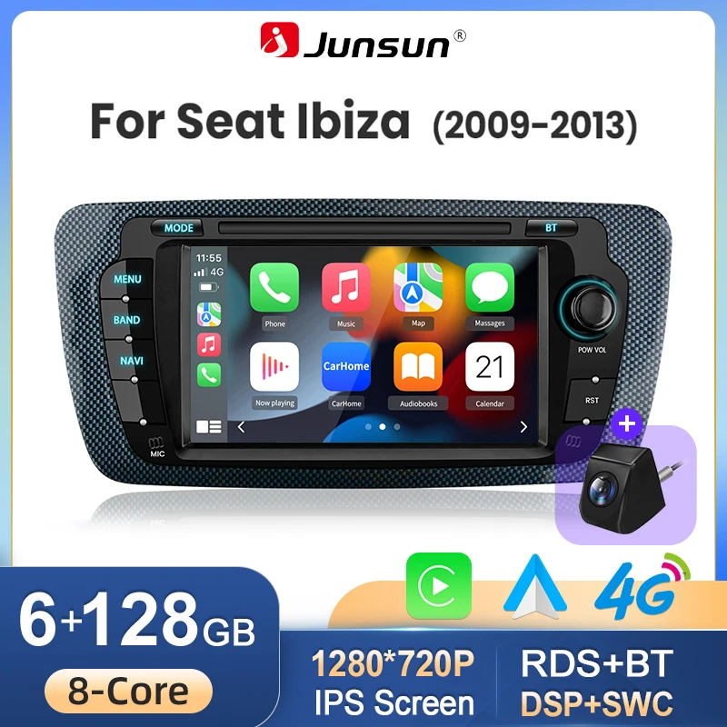 Radio de coche Junsun Android 16 con CarPlay inalámbrico y Android Auto para Seat Ibiza 6J 2008 2009 2010 2011 2012 2013, reproductor multimedia con GPS, navegación, pantalla táctil IPS de 7 pulgadas, estéreo, Bluetooth, DSP, FM, RDS, SWC, 5G, WiFi 1