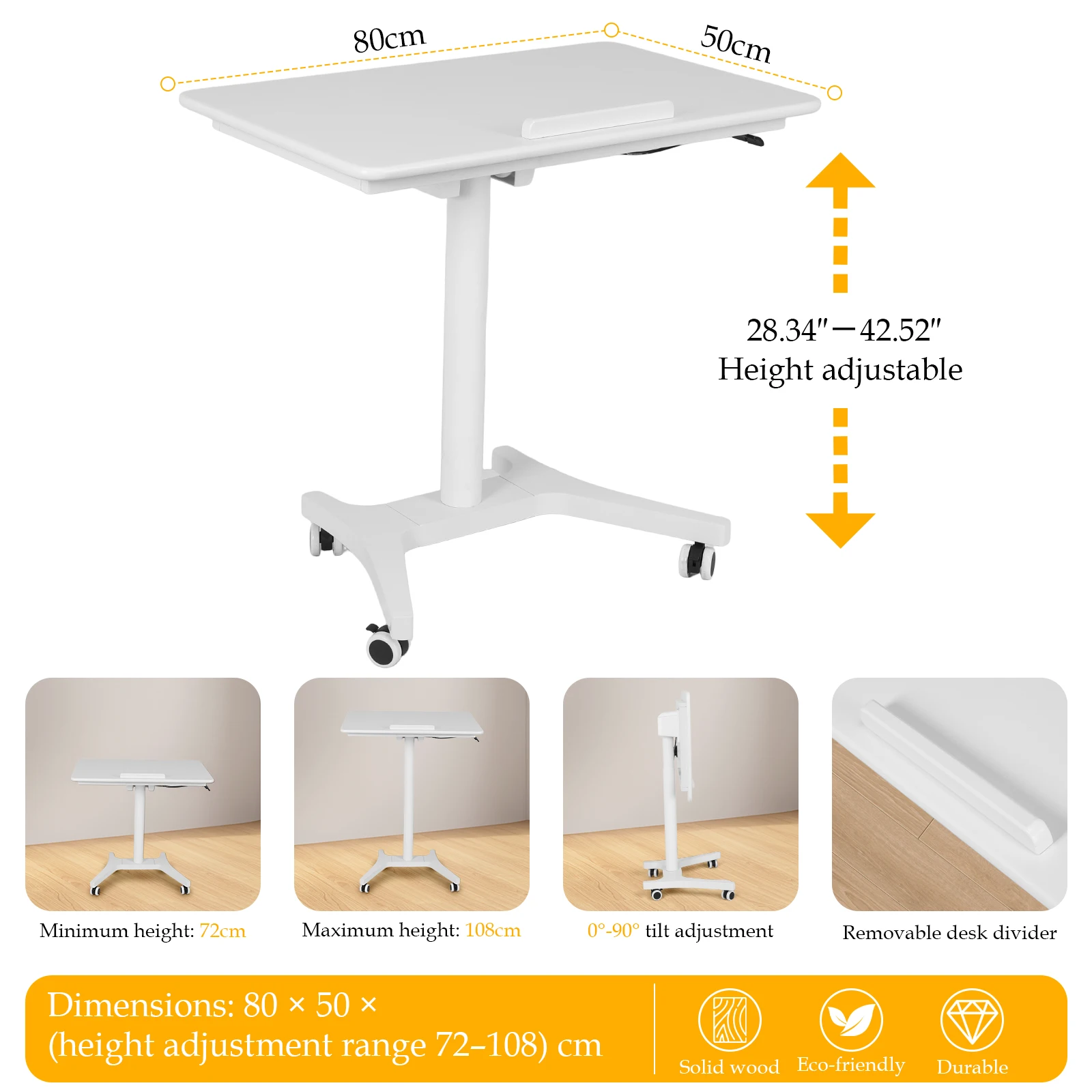 Pneumatic Laptop Standing Desk Sit Stand Up Down Rolling Lifting Office Computer Table 90 Degree Tiltable Home Wood Study Table