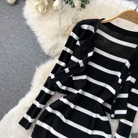 Korean Sweet Hit Color Patchwork Striped Spaghetti Strap Dress and V Neck Long Sleeve Cardigans 2 Pieces Sets - Image 5