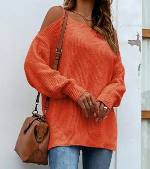 

Women's Knitted Top Cold Shoulder Pullover Sweaters 2023 Autumn and Winter New Drop Casual Long-Sleeved Sweater Daily Pullover
