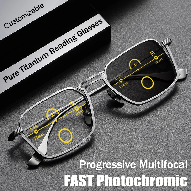 Pure Titanium Photochromic Multifocal Reading Glasses Men Progressive Customizable Anti-blue Ray Business Eyeglasses Full frame