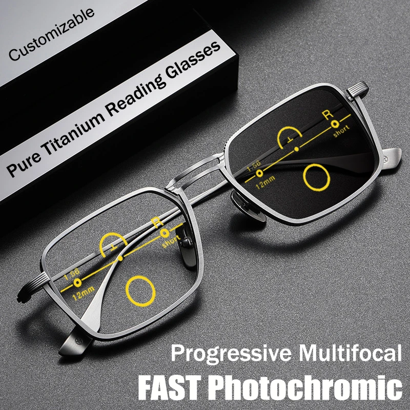 Pure Titanium Photochromic Multifocal Reading Glasses Men Progressive