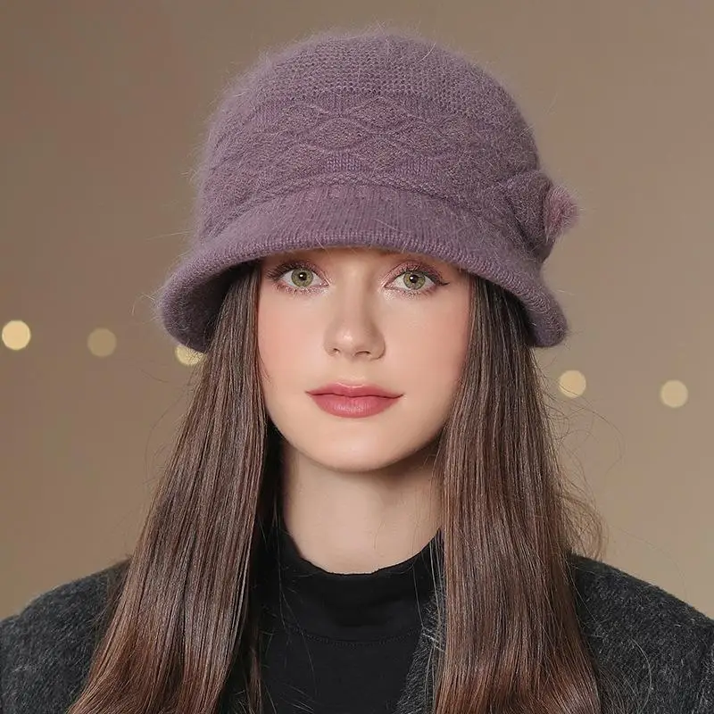 Women Winter Hat Keep Warm Mom Cap Outdoor Add Fur Lined Hats For Women Casual Fur Bucket Knitted Hat