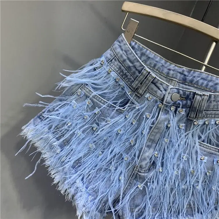 Summer New Fashion Denim Shorts Women Personalized Tassel Diamond Wash Light Blue Short Jeans Fashion Sexy Feather Hot Pants
