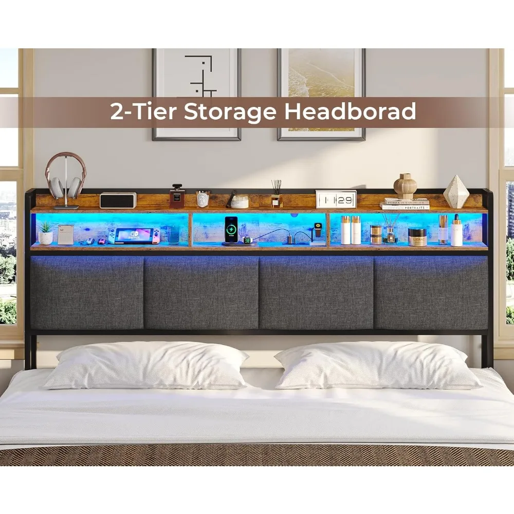 King Headboard Only with LED Lights & Charging Station, Headboard King with 2-Tire Storage Space and Soft Backrest for Bedroom