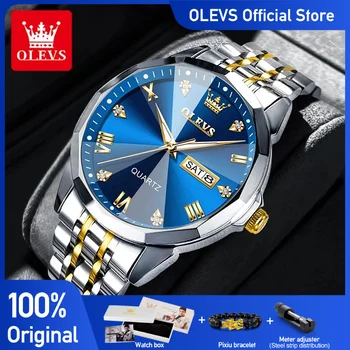 OLEVS Men's Watches Rhombus Mirror Original Quartz Watch for Man Waterproof Luminous Stainless Steel Wristwatch Male Date Week