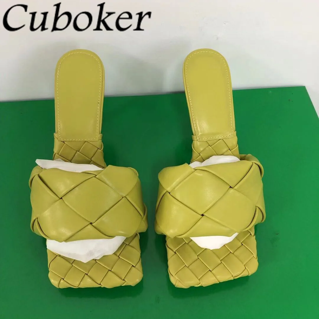 2022LuxuryBrandMulesHighHeelSlippersLeatherKnittedSquareToe