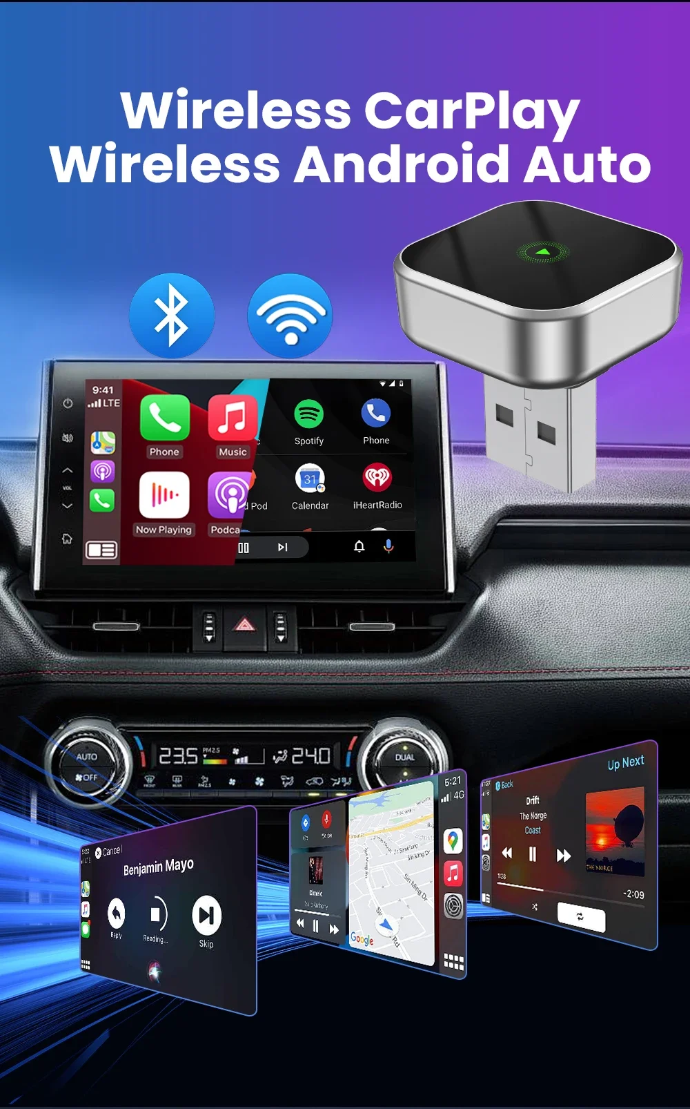 Carplay Android Auto Wireless Adapter Plug And Play Bluetooth Wifi Auto Connecti