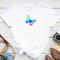 Women's Colorful Butterfly Petal Print T-Shirt, Short Sleeve, Round Neck, Cute Graphic Tee Shirts, Female Tops Clothes 20