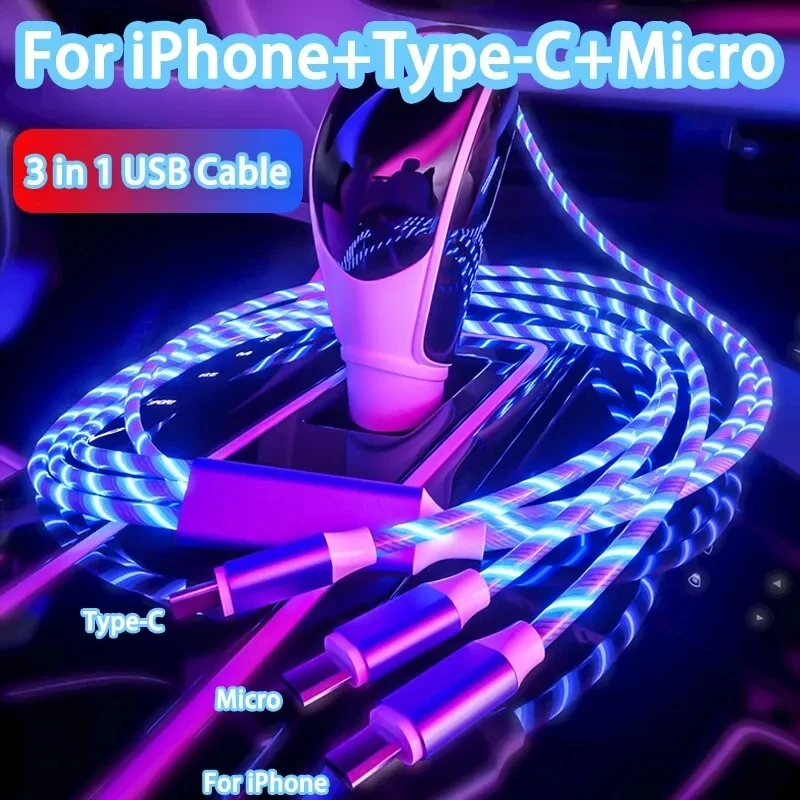 lovebay 3 in 1 Glowing LED Light 3A Fast Charging Micro USB Type C Cable For iPhone Samsung Xiaomi Redmi Phone Charger USB Cable