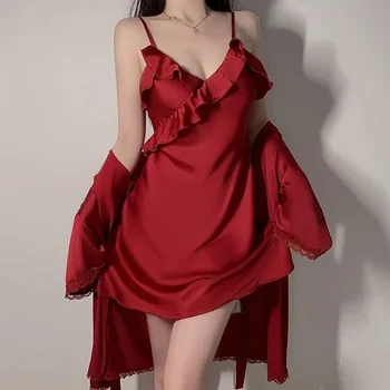 Woman Night Dress Elegant Sexy Lingеrie Deep V Ice Silk Spaghetti Strap