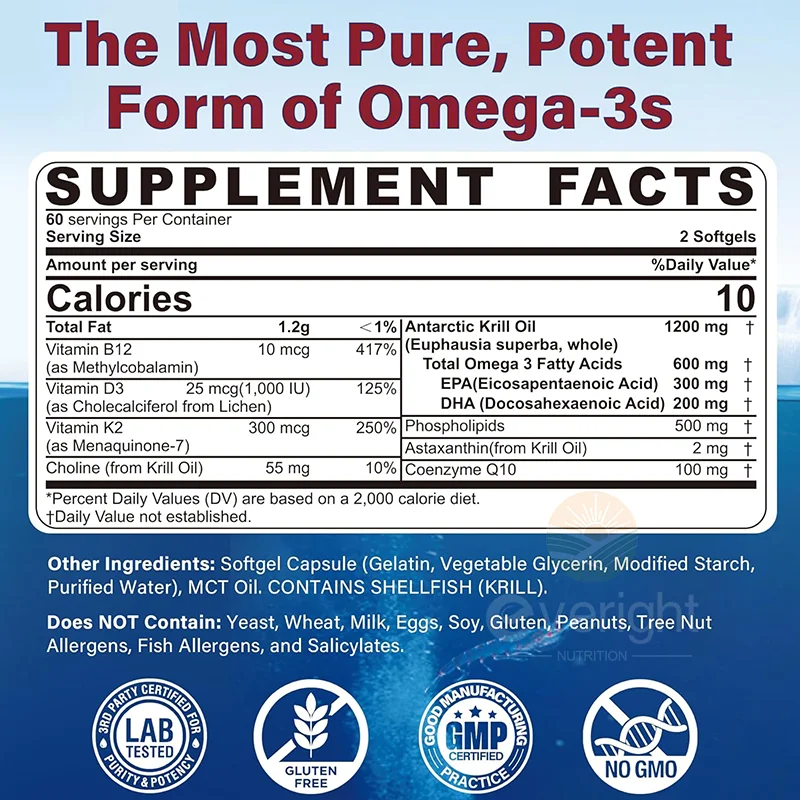 Antarctic Krill Oil 1200 mg with Omega-3 Supplement, EPA & DHA, Astaxanthin & Phospholipids for Heart, Joint, Brain Antioxidant