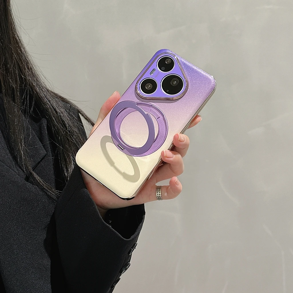 Luxury Gradient Faux Leather Phone Case with Electroplated Border and 360° Rotatable Stand