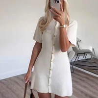 White Elegant Knitted Mini Dress For Women Metal Button Sexy Slim Rib Sweater Dress Holiday Party Outfits Autumn 2024 New - Image 3