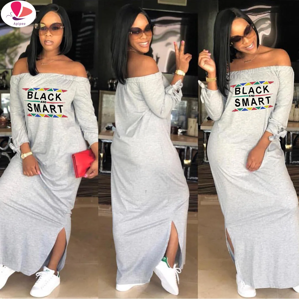 

Повседневное осенне-зимнее женское платье APIPEE с открытыми плечами и вырезом лодочкой, Черное длинное платье макси с буквенным принтом и завязкой на рукавах с Боковым Разрезом