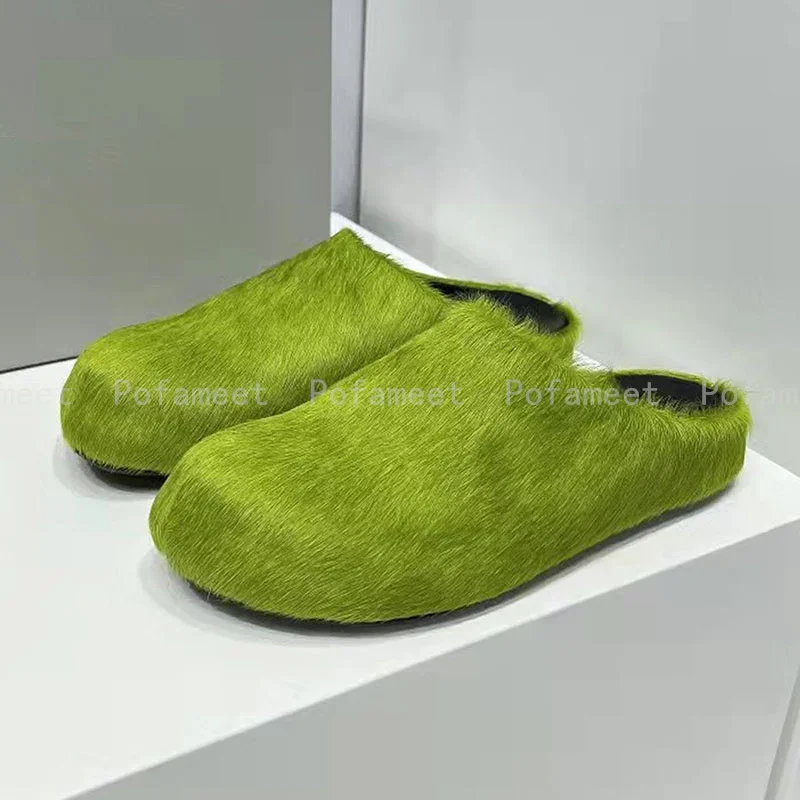 

Luxury Women Slippers Horse Hair Slippers Women Round Toe Furry Mules Fuzzy Woman Comfort Flat Slides Woman Wool Winter Shoes