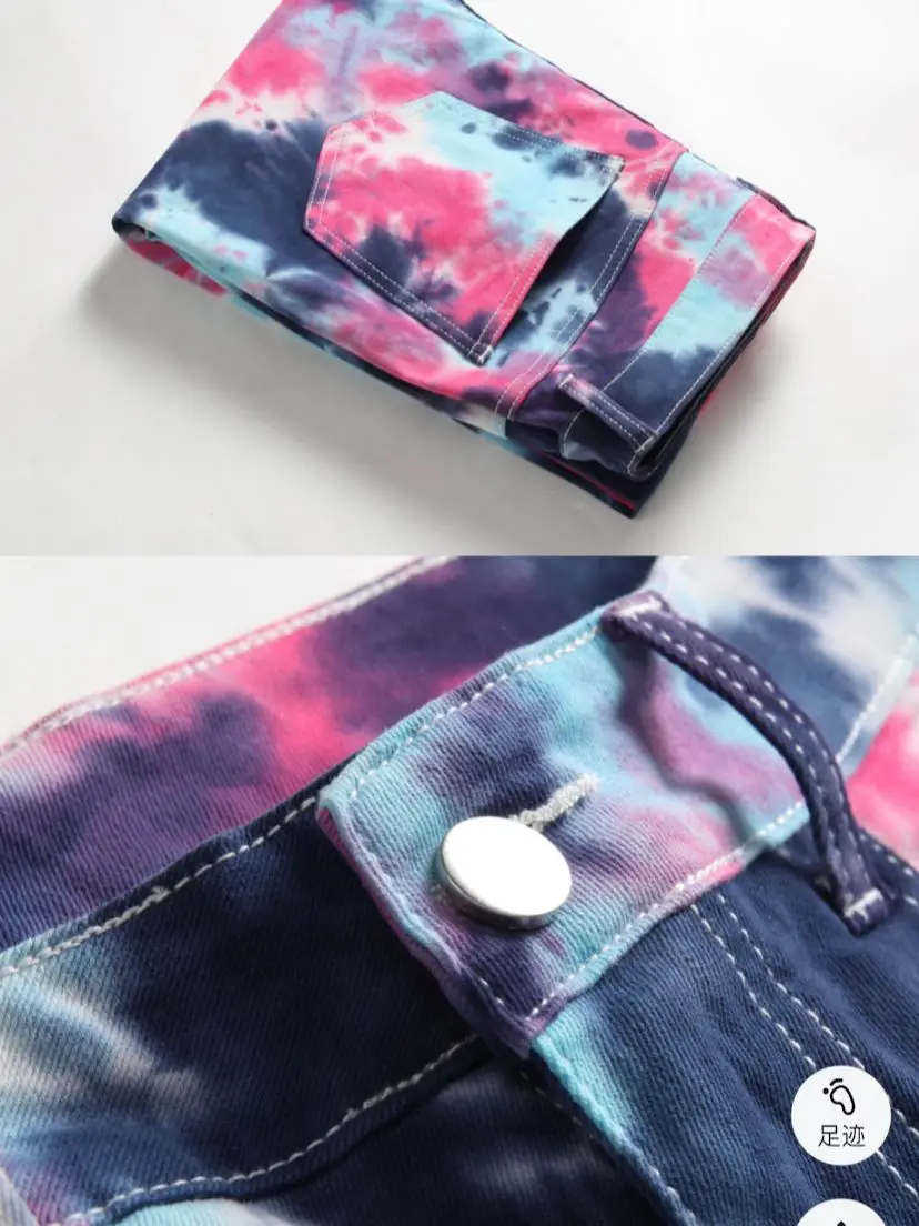 EH · MD Rainbow Stone Soft Jeans Men's High Elastic Feet Pants 3D Printed Zipper Slim Fit High Street Youth Gradient Color Trend