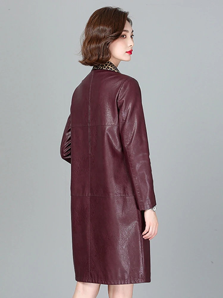 New Women Leather Coat Spring Autumn Fashion Leopard Collar Shirt Style Slim Sheepskin Coat Casual Long Outerwear Split Leather