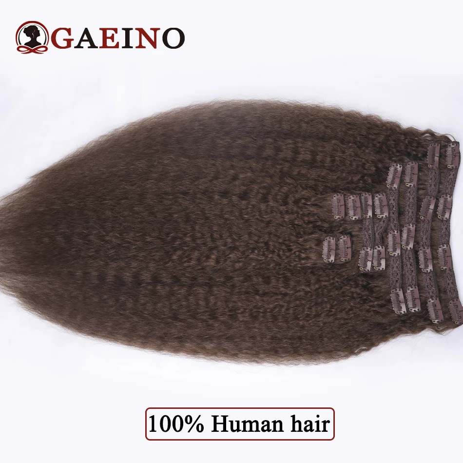 Kinky Straight Clip In Human Hair Extensions 10Pcs/Set 4# Chocolate Brown Light Brown 14-28Inch