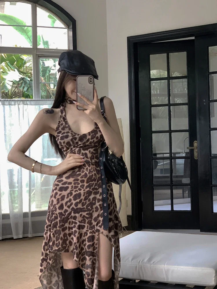 

Summer New Fashion Irregular Sexy Casual Simple Women Dresses Korean Classic Leopard Print Chicly Halter Vintage Female Dresses