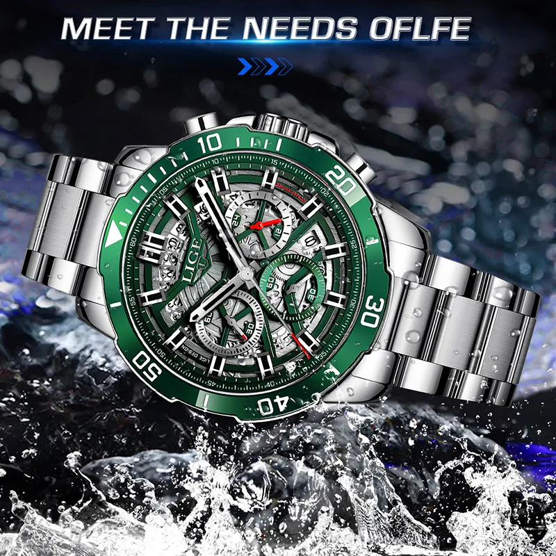 LIGE Military Quartz Watches For Men Fashion Business Hollow Watch Men Stainless Steel Sport Waterproof Chronograph Wristwatch