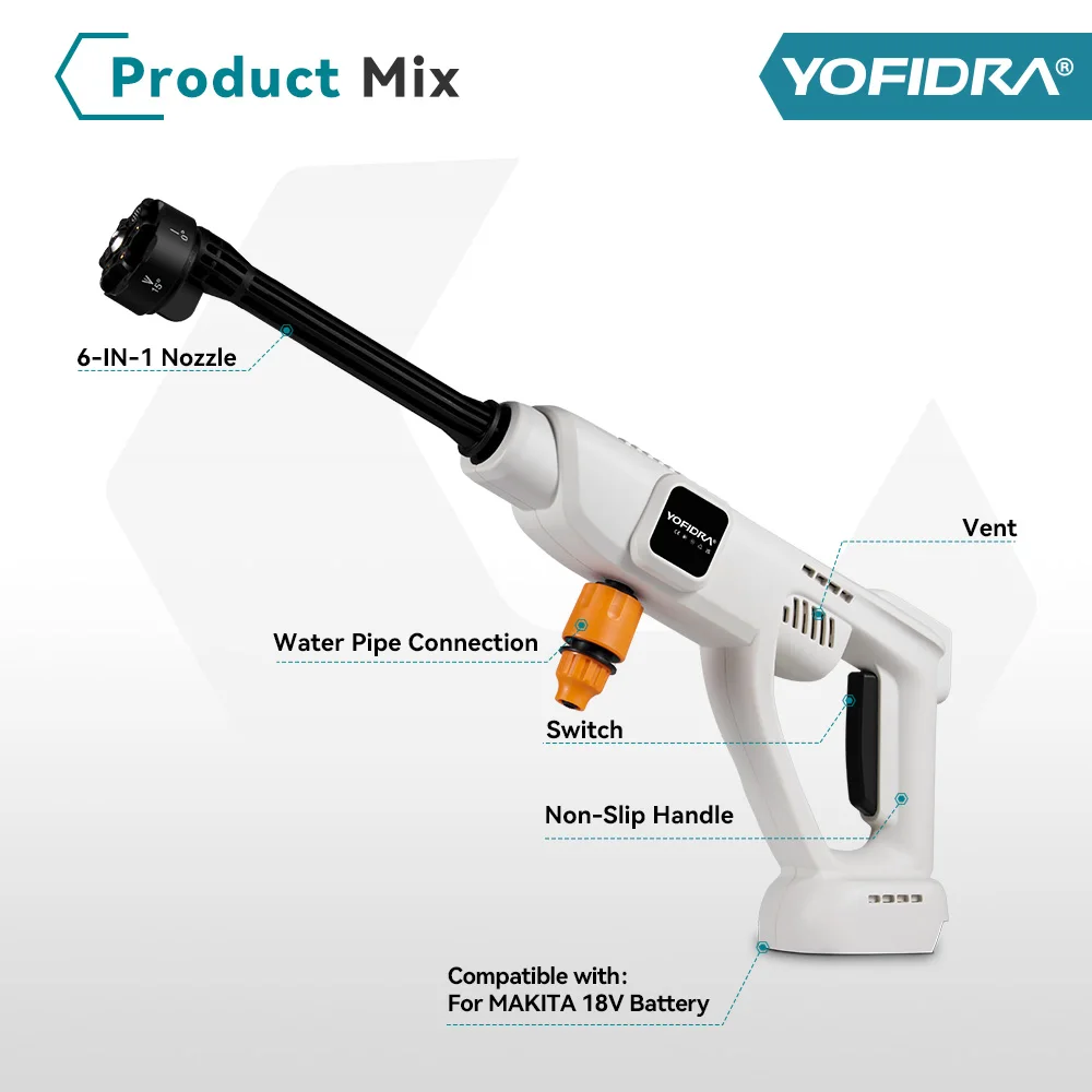 YOFIDRA 6IN1 100Bar Brushless Electric Washer Water Gun Cordless High Pressure Car Washer Cleaning Garden For Makita 18V Battery 6