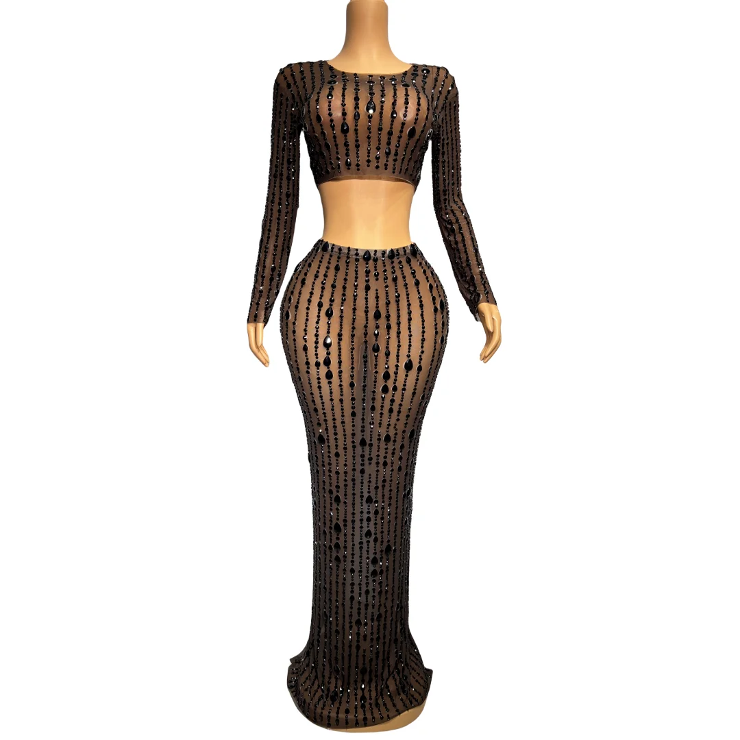

Black Big Rhinestones Transparent Two Pieces Dress Singer Costume Outfit Top Skirt Evening Prom Party Collection fenti