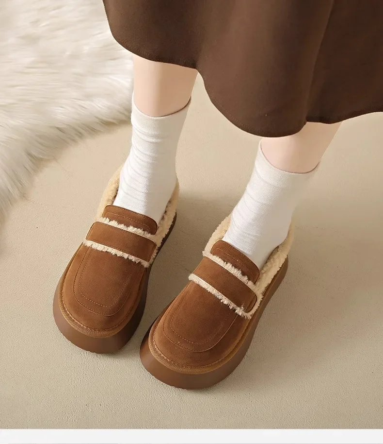 Women's Thick Soled Snow Boots Autumn Winter Plush Boken Shoes Retro Height Increasing Warm Anti Slip Cotton Shoes Loafers