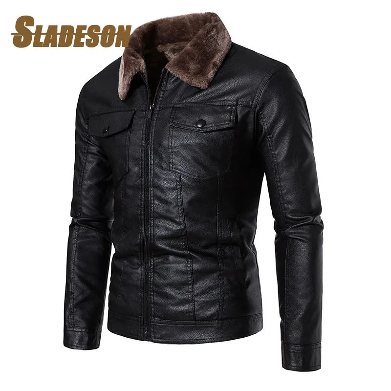 

Bike Leather Jacket Men Coat 2023 Winter New Casual Fashion Classic Thicken Wool Lining Fur Turndown Collar Windbreak Jacket Man