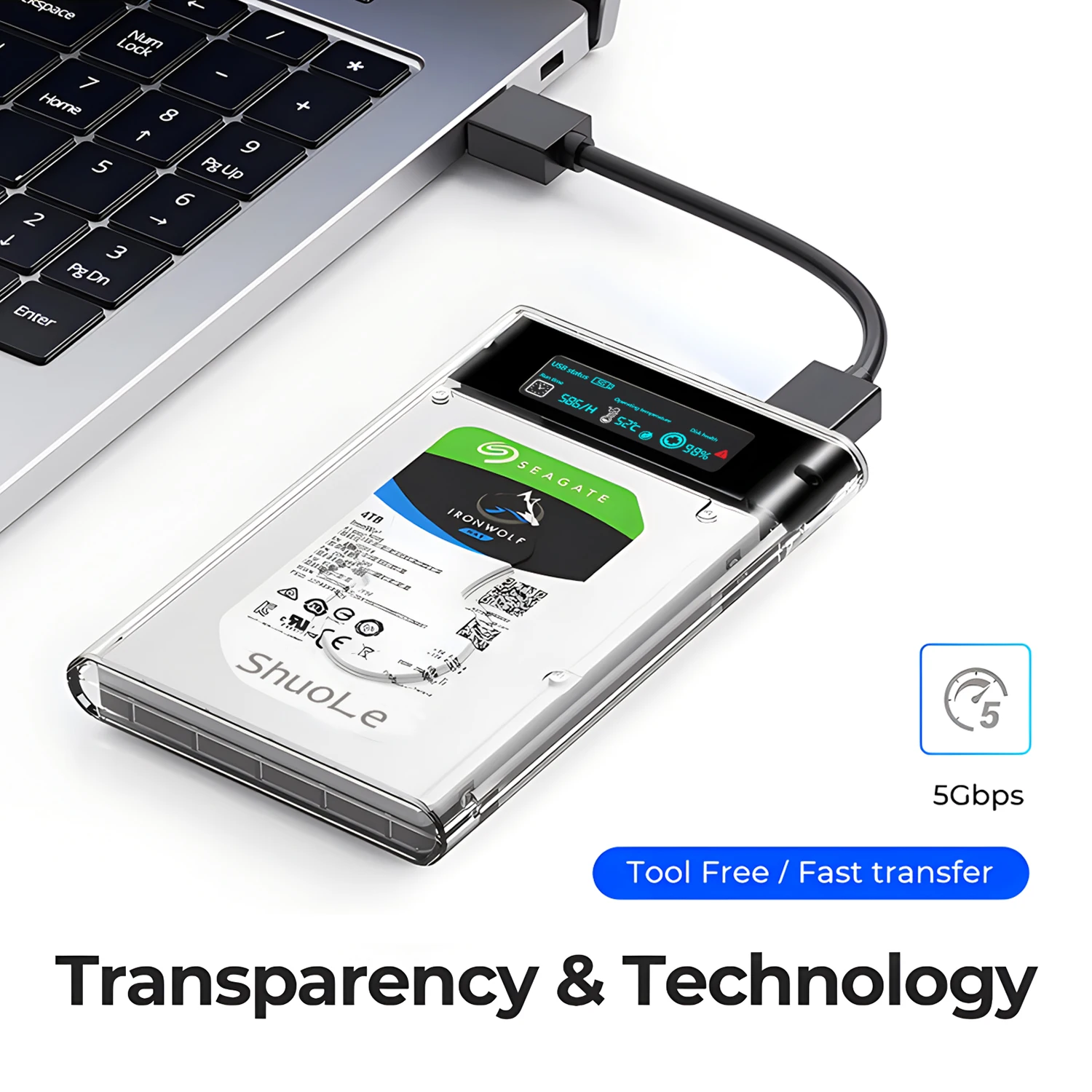 Transparent USB 3.2 External HDD/SSD Enclosure - 2.5 Inch High-Speed Storage Case