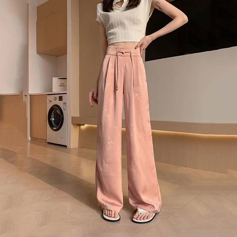 

Spring Summer Chinese National Style Jacquard Wide-Leg Pants Women Be All-Match High Waist Casual Pants Black Fashion Trousers