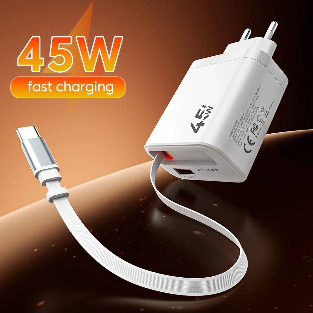 Cargador de 45w, 15w USB + PD30w Tipo-C, Cable Retráctil, Adaptador de Carga Rápida para Teléfonos iPhone 15-17, Xiaomi, Samsung, Huawei