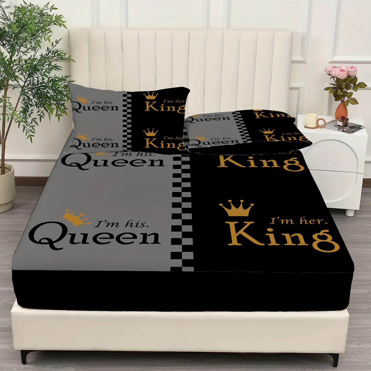 Queen King Golden Crown Couple Print Fitted Sheet Set 1* Fitted Sheet+2*Pillowcases Mattress Cover Soft Breathable Bedding Set 3