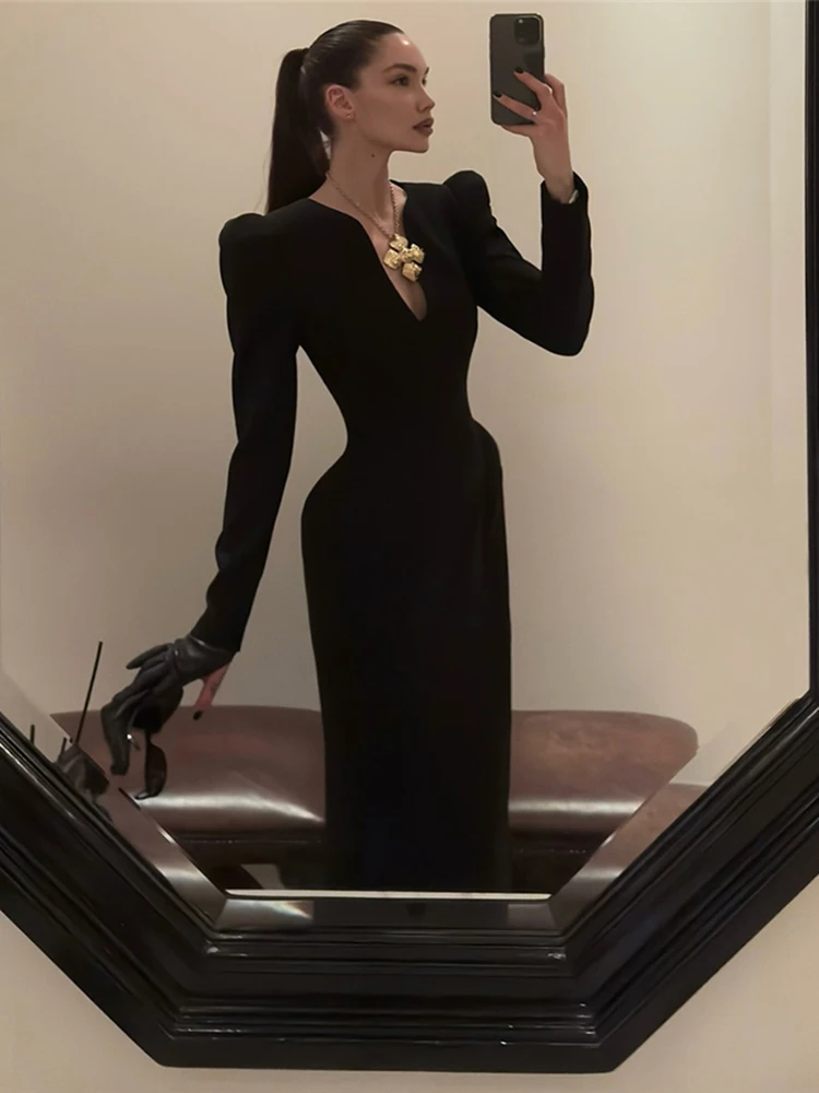 Nibber Basis v-Neck Maxi Dress Women Long Sleeve Solid Skinny Elegant Chic Autumn New Trend Simple Classic Prom Party Vestidos