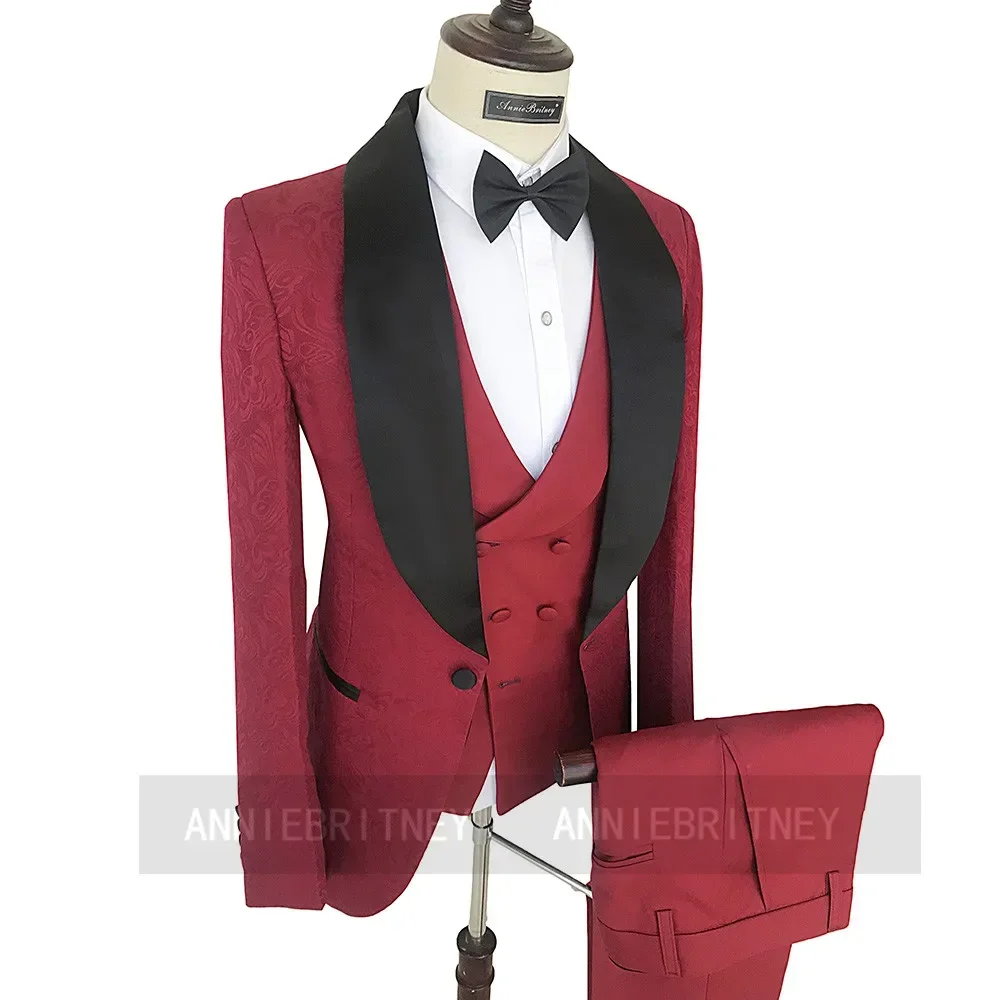 Burgundy Jacquard Formal Wedding Elegant Men Suit Groom Tuxedo Prom Slim Fit Shawl Lapel Blazers High Quality Custom 3 Piece Set