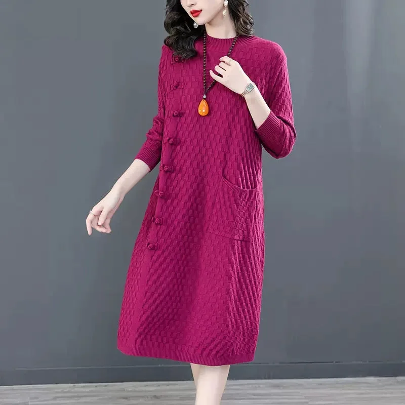 

Chinese Button Sweater Knitting Dress Autumn Winter Women Fashion Long Sleeve Wild Medium Length Bottomed Dress Elegant Top T897