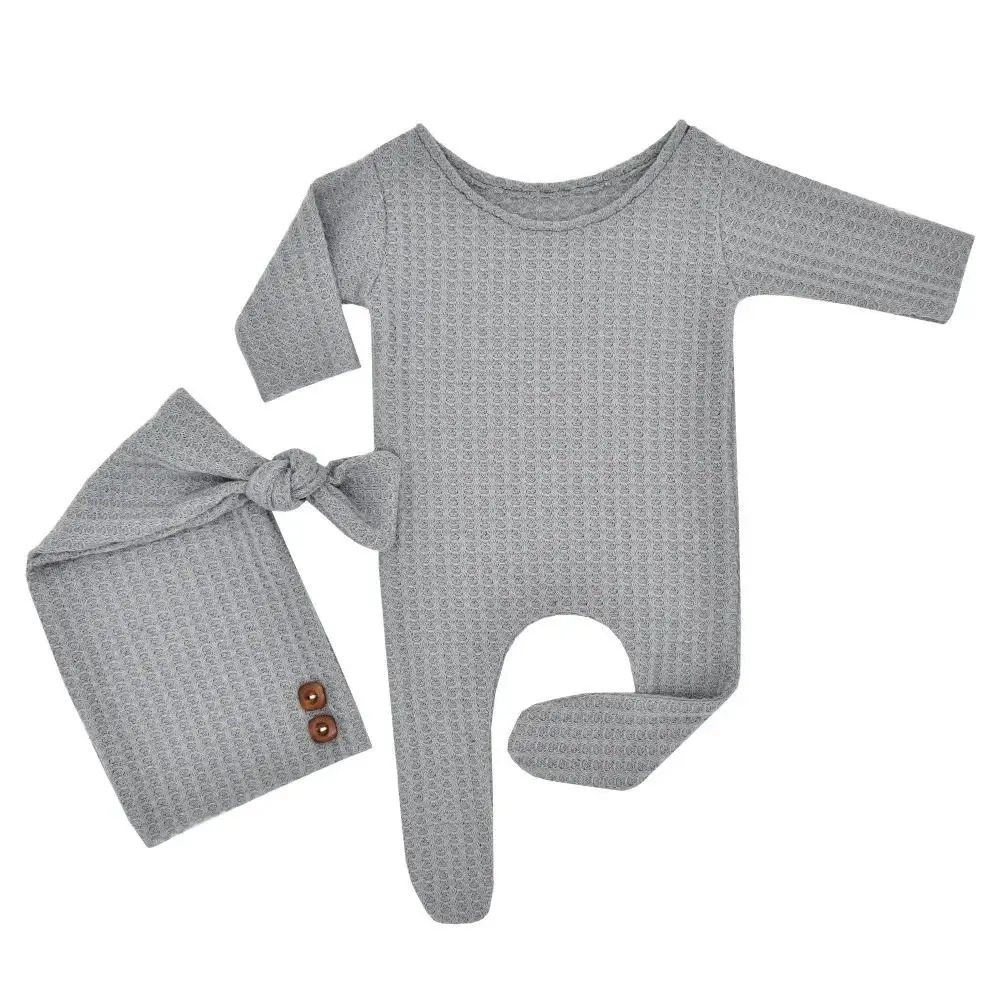 2Pcs/Set Creative Newborn Photography Props Footed Buttons Newborn Photoshoot Outfit Solid Color Crochet Knit Baby Bodysuit