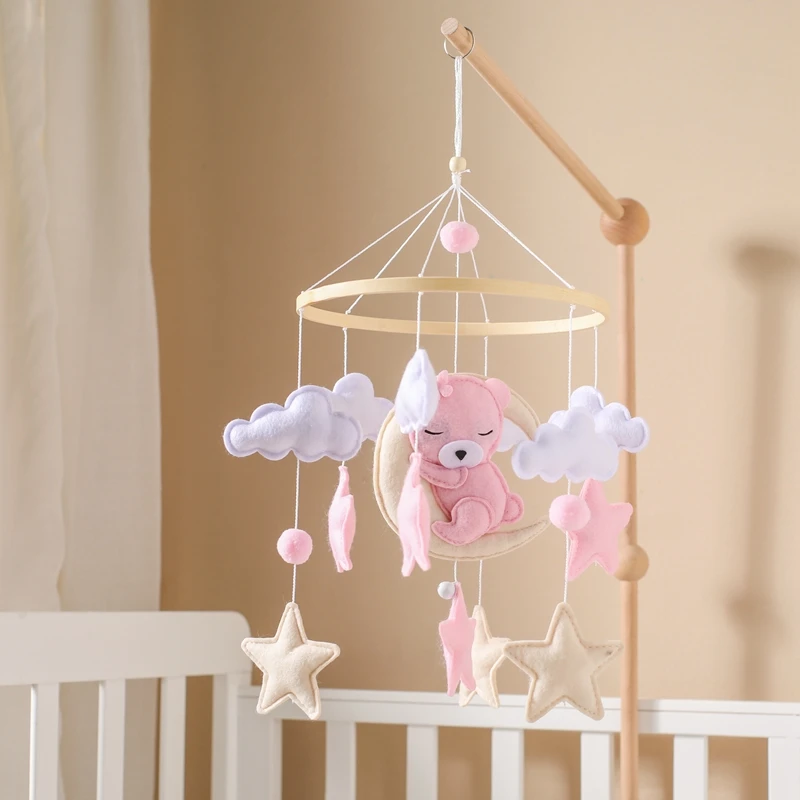 

Детская погремушка-колокольчик для кроватки, розовый медведь, подвесная игрушка для новорожденных 0-12 месяцев, деревянный мобильный музыкальный аксессуар для детской кроватки
