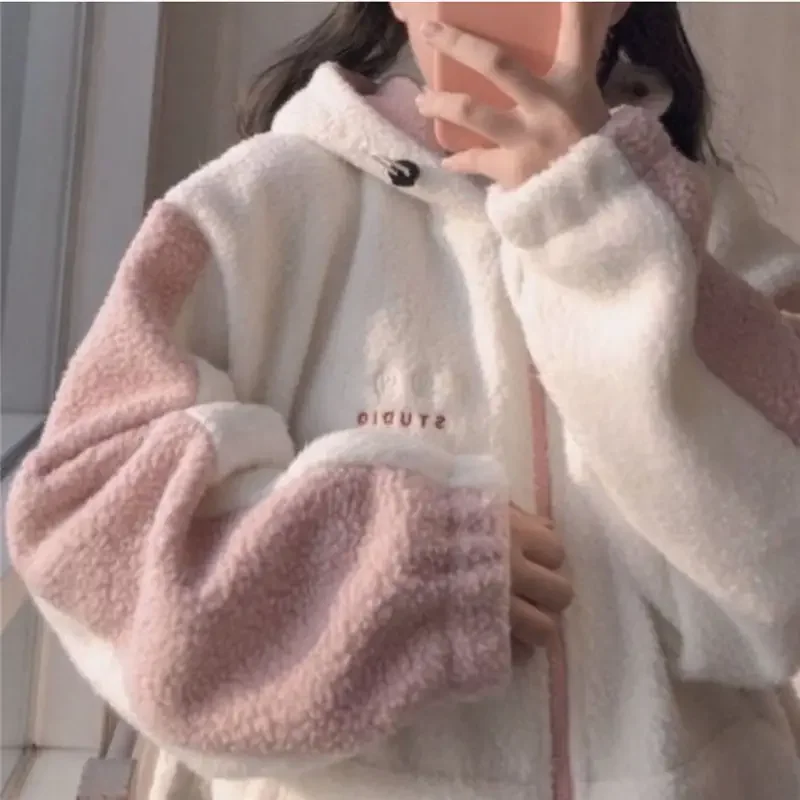 2023 Fall Winter Korean Preppy Style Women Coat Embroidery Imitation Lambswool Female Jacket Kawaii Sweet Japanese Girl Y2k Tops