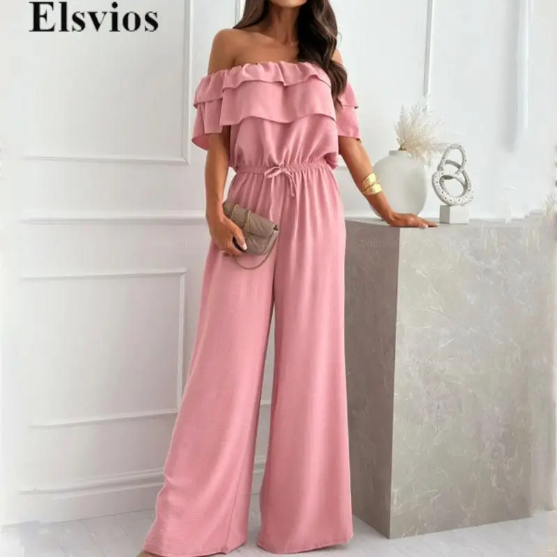 

Commuter 2024 Solid Tie-up Long Romper Overall Elegant Women New Ruffles Overall Fashion Lady One Shoulder Slim Office Jumpsuit