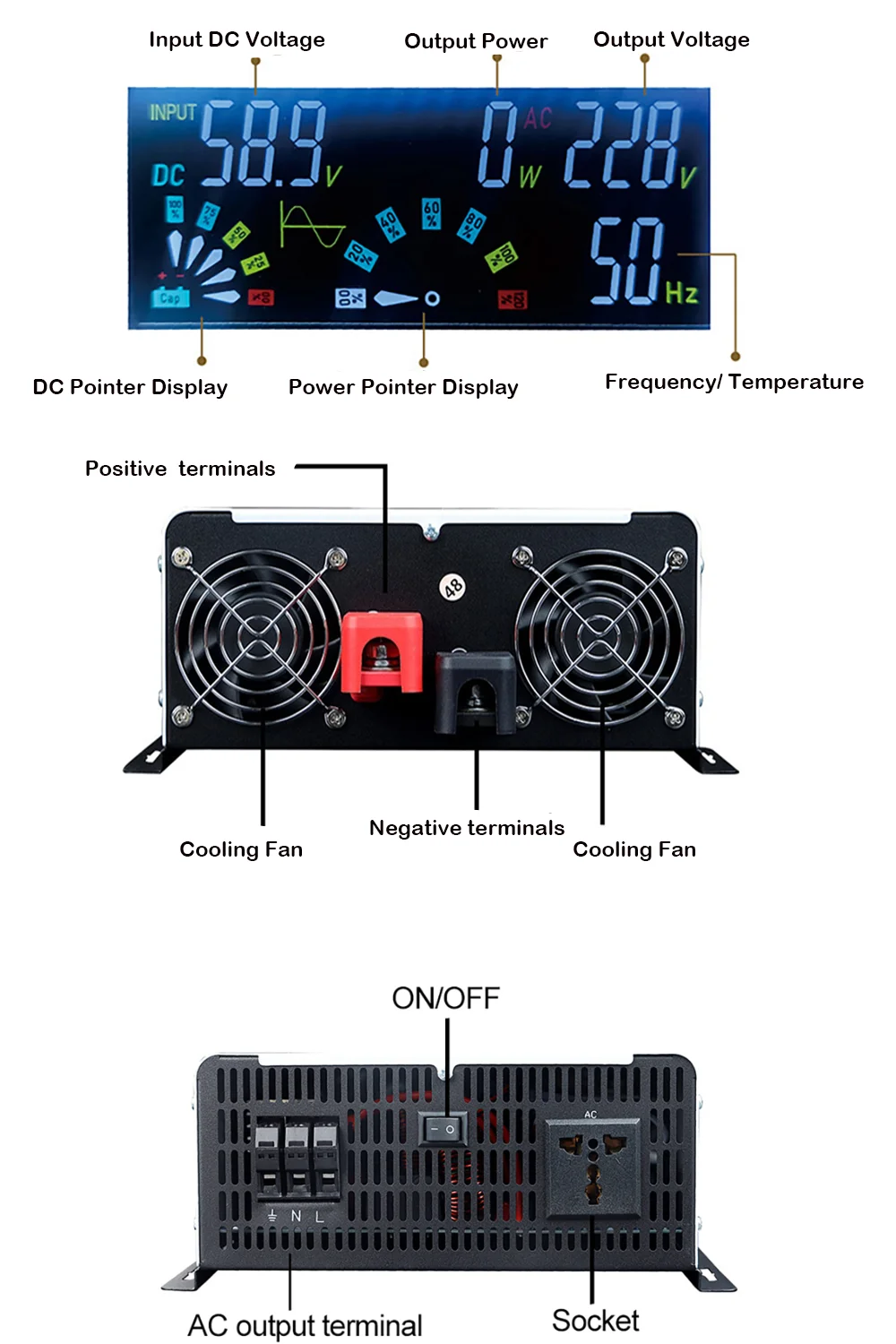 10000W 12000W 순수 사인파 인버터 12V 24V 48V 60V에서 AC 220V 120V로 태양광 자동차 10KW 인버터 50HZ 60HZ 전압 변환기