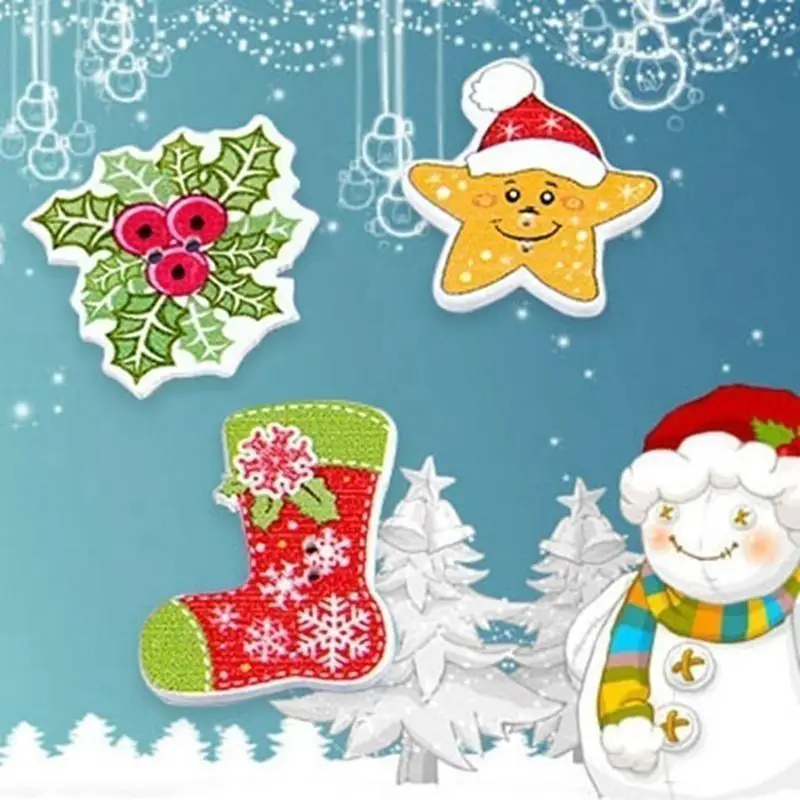 50Pcs/Bag 2-Holes Mix Christmas Star Candles Santa Sock Wood Christmas Decorative Buttons Scrapbooking Craft Sewing Materials